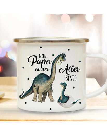 Emaille Becher Camping Tasse Dino Dinopapa Papa mit Junges & Spruch Mein Papa ist der Allerbeste Kaffeetasse Geschenk eb431
