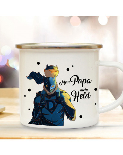 Emaille Becher Camping Tasse Vatertag mit Superhelden & Spruch Mein Papa Mein Held Kaffeetasse Geschenk eb433