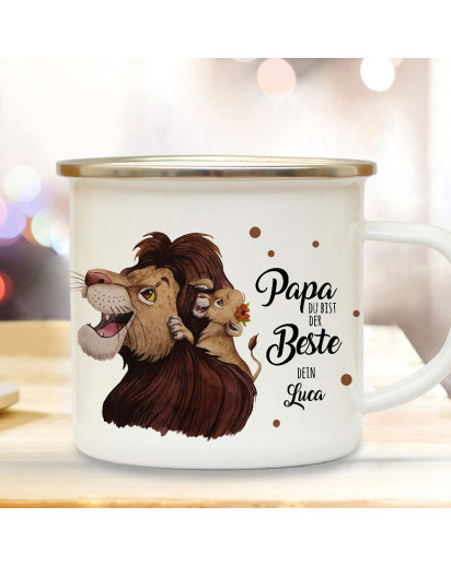 Emaille Becher Camping Tasse Löwe Löwenpapa Papa mit Junges & Spruch Papa du bist der Beste Dein Name Wunschname Kaffeetasse Geschenk eb434