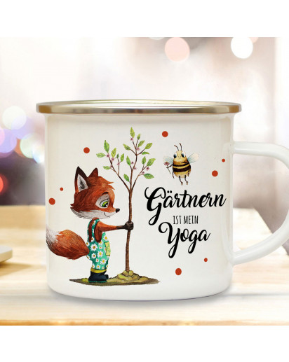 Emaille Becher Camping Tasse Fuchs mit Hummel & Spruch Gärtnern ist mein Yoga Kaffeetasse Geschenk eb435