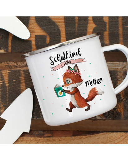 Emaille Becher Einschulung Camping Tasse Fuchs mit Buch Spruch Schulkind 2019 & Name Wunschname Kaffeetasse Geschenk eb437