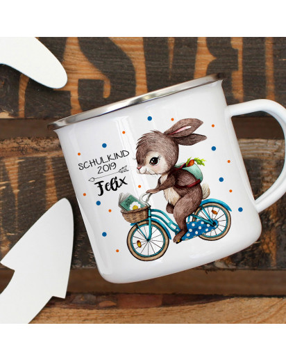 Emaille Becher Einschulung Camping Tasse Hase auf Fahrrad Spruch Schulkind 2019 & Name Wunschname Kaffeetasse Geschenk eb438