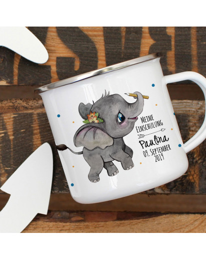 Emaille Becher Einschulung Camping Tasse Elefant mit Stift Spruch Schulkind 2019 & Name Wunschname Wunschdatum Kaffeetasse Geschenk eb439