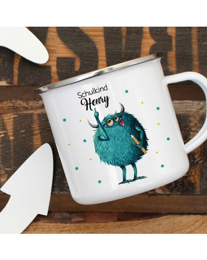 Emaille Becher Einschulung Camping Tasse Monster mit Stift Spruch Schulkind 2019 & Name Wunschname Kaffeetasse Geschenk eb440