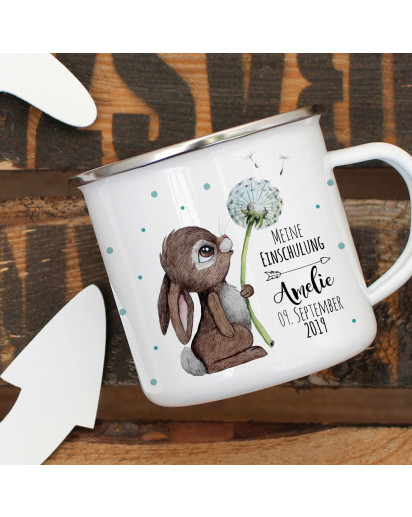 Emaille Becher Einschulung Camping Tasse Hase mit Pusteblume Spruch Schulkind 2019 & Name Wunschname Wunschdatum Kaffeetasse Geschenk eb441