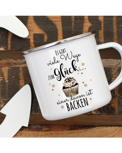 Emaille Becher Camping Tasse mit Kuchen Törtchen Muffin & Spruch viele Wege zum Glück... Kaffeetasse Geschenk Kaffeebecher eb442