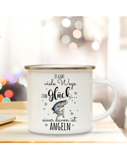 Emaille Becher Camping Tasse mit Fisch Lachs Forelle & Spruch viele Wege zum Glück... Kaffeetasse Geschenk Kaffeebecher eb443