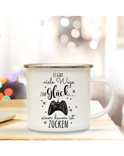 Emaille Becher Camping Tasse mit Controller Controllpad Spruch viele Wege zum Glück... Kaffeetasse Geschenk Kaffeebecher eb445