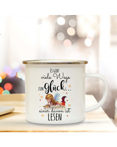 Emaille Becher Camping Tasse Elfe Fee mit Buch & Spruch viele Wege zum Glück... Kaffeetasse Geschenk Kaffeebecher eb449