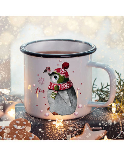 Emaille Becher Camping Tasse Winter Pinguin & Name Wunschname Kaffeetasse Weihnachten Geschenk Weihnachtsmotiv eb470