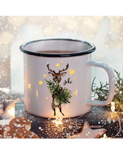 Emaille Becher Camping Tasse Winter Hirsch Baum & Name Wunschname Kaffeetasse Weihnachten Geschenk Weihnachtsmotiv eb471