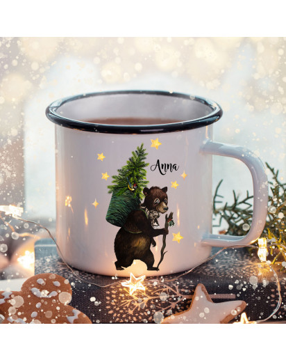 Emaille Becher Camping Tasse Winter Bär Tannenbaum & Name Wunschname Kaffeetasse Weihnachten Geschenk eb472