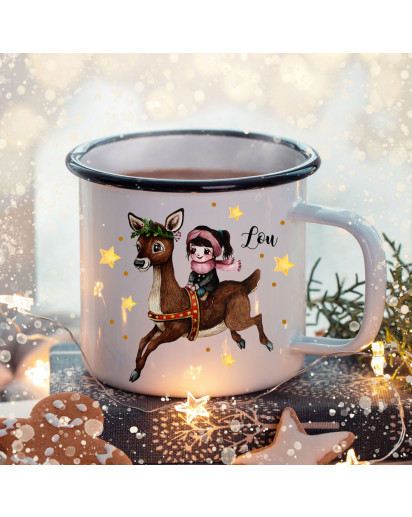 Emaille Becher Camping Tasse Winter Mädchen Reh & Name Wunschname Kaffeetasse Weihnachten Geschenk Weihnachtsmotiv eb473