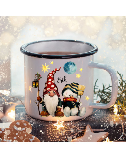Emaille Becher Camping Tasse Winter Zwerg Schneenmann & Name Wunschname Kaffeetasse Weihnachten Geschenk Weihnachtsmotiv eb474