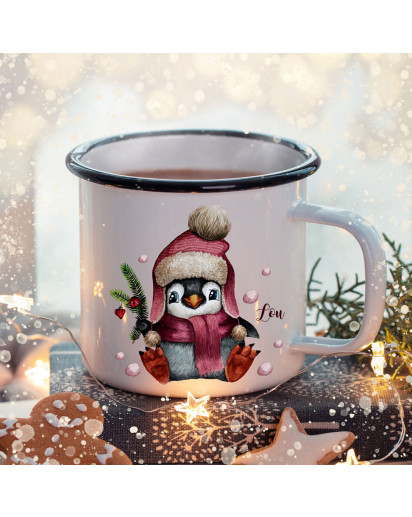 Emaille Becher Camping Tasse Winter Pinguin & Name Wunschname Kaffeetasse Weihnachten Geschenk Weihnachtsmotiv eb475