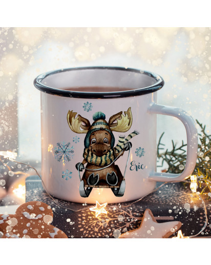 Emaille Becher Camping Tasse Winter Elch Schlitten & Name Wunschname Kaffeetasse Weihnachten Geschenk Weihnachtsmotiv eb477