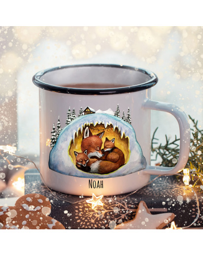 Emaille Becher Camping Tasse Winter Fuchs Füchse Fuchshöhle & Name Wunschname Kaffeetasse Weihnachten Geschenk Weihnachtsmotiv eb478