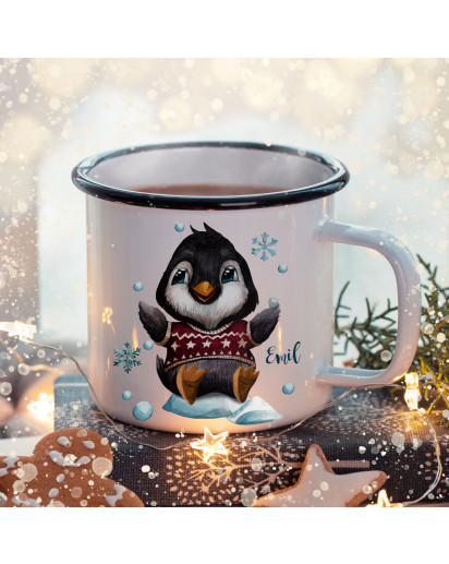 Emaille Becher Camping Tasse Winter Pinguin Schneeflocken & Name Wunschname Kaffeetasse Weihnachten Geschenk Weihnachtsmotiv eb479