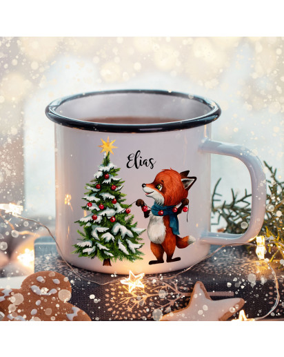 Emaille Becher Camping Tasse Winter Fuchs Weihnachtsbaum & Name Wunschname Kaffeetasse Weihnachten Geschenk Weihnachtsmotiv eb480