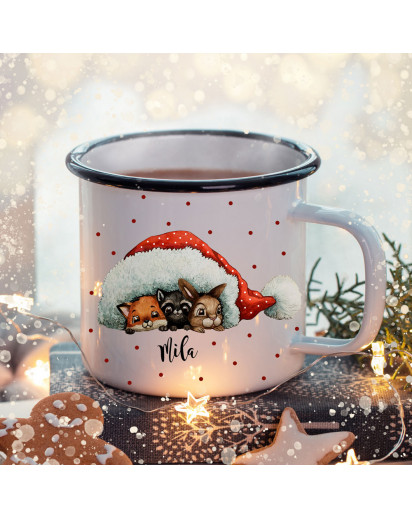 Emaille Becher Camping Tasse Winter Tiere unter Mütze & Name Wunschname Kaffeetasse Weihnachten Geschenk Weihnachtsmotiv eb481