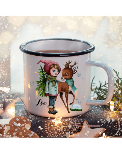 Emaille Becher Camping Tasse Winter Mädchen Reh & Name Wunschname Kaffeetasse Weihnachten Geschenk Weihnachtsmotiv eb482