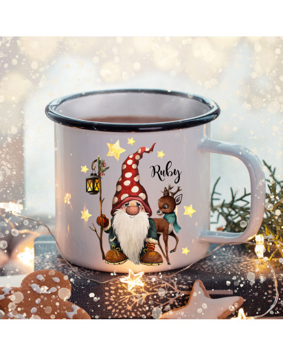 Emaille Becher Camping Tasse Winter Zwerg Reh & Name Wunschname Kaffeetasse Weihnachten Geschenk Weihnachtsmotiv eb483