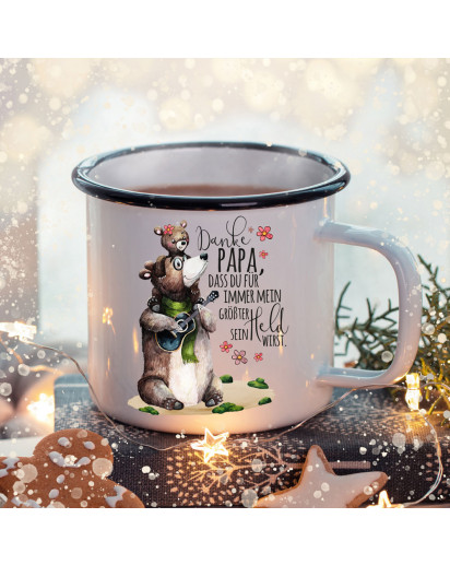 Emaille Becher Camping Tasse mit Papa Bär Kind & Spruch Papa mein größter Held Kaffeetasse Kaffeebecher Geschenk eb486