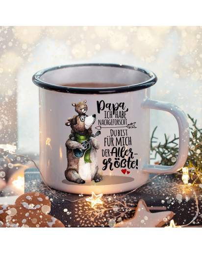 Emaille Becher Camping Tasse mit Papa Bär Kind & Spruch Du bist der Allergrößte Kaffeetasse Kaffeebecher Geschenk eb487