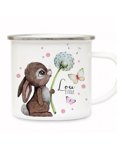 Emaille Becher Camping Tasse Motiv Hase Häschen Pusteblume Schmetterlinge rosa Punkte & Wunschname Name Kaffeetasse Geschenk eb490