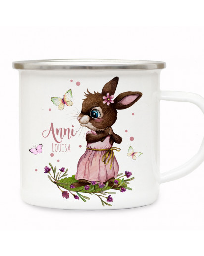 Emaille Becher Camping Tasse Motiv Hase Häschen rosa Schmetterlinge & Wunschname Name Kaffeetasse Geschenk eb492