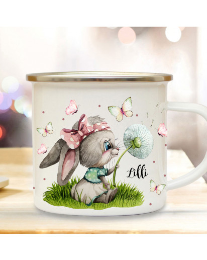 Emaille Becher Camping Tasse Motiv Hase Häschen mit Pusteblume  & Wunschname Name Kaffeetasse Geschenk Kinder eb494