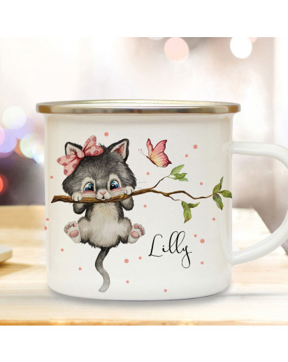 Emaille Becher Camping Tasse Motiv Katze Kätzchen auf Ast & Wunschname Name Kaffeetasse Geschenk eb495