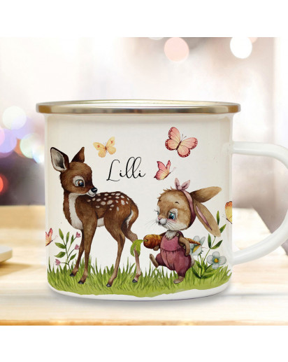 Emaille Becher Camping Tasse Motiv Hase Häschen mit Reh & Wunschname Name Kaffeetasse Geschenk eb496