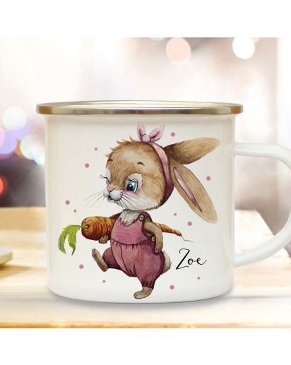 Emaille Becher Camping Tasse Motiv Hase Häschen Hasen Mädchen mit Möhre & Wunschname Name Kaffeetasse Geschenk eb497