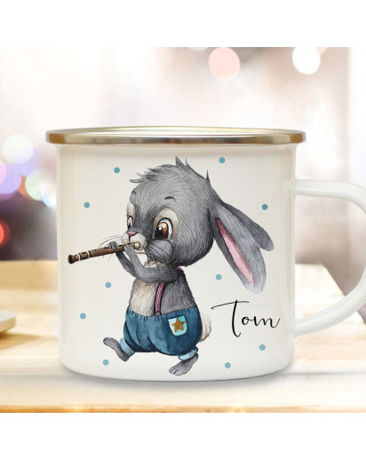 Emaille Becher Camping Tasse Motiv Hase Häschen Hasen Junge mit Flöte & Wunschname Name Kaffeetasse Geschenk eb498