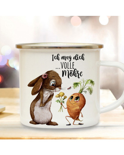 Emaille Becher Camping Tasse mit Hase Häschen mit Karotte & Spruch Ich mag dich volle Möhre Kaffeetasse Geschenk Kaffeebecher eb499