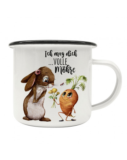 Emaille Becher Camping Tasse mit Hase Häschen Karotte Spruch Ich mag dich volle Möhre Kaffeetasse schwarzer Becherrand eb500