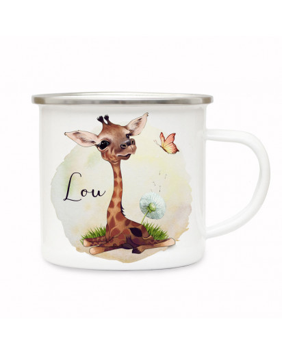 Emaille Becher Camping Tasse Motiv Giraffe mit Pusteblume & Wunschname Name Kaffeetasse Geschenk Kinder eb501