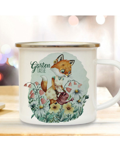 Emaille Becher Camping Tasse Gartentasse Motiv Frau Fuchs Füchschen & Wunschname Name auf Rückseite Kaffeetasse Geschenk eb502