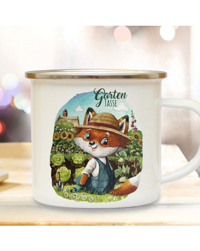 Emaille Becher Camping Tasse Gartentasse Motiv Herr Fuchs Füchschen & Wunschname Name auf Rückseite Kaffeetasse Geschenk eb503