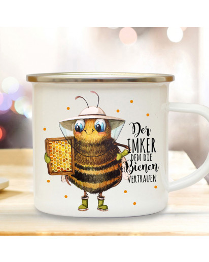 Emaille Becher Camping Tasse Biene Bienchen Spruch Der Imker dem die Bienen vertrauen Kaffeetasse Geschenk Kaffeebecher eb504