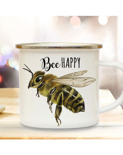 Emaille Becher Camping Tasse Biene Bienchen Spruch Bee Happy Kaffeetasse Geschenk Kaffeebecher eb506