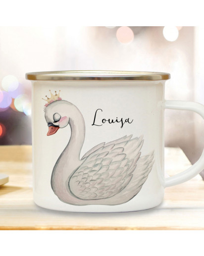 Emaille Becher Camping Tasse Motiv Schwan Vogel & Wunschname Name Kaffeetasse Geschenk eb510