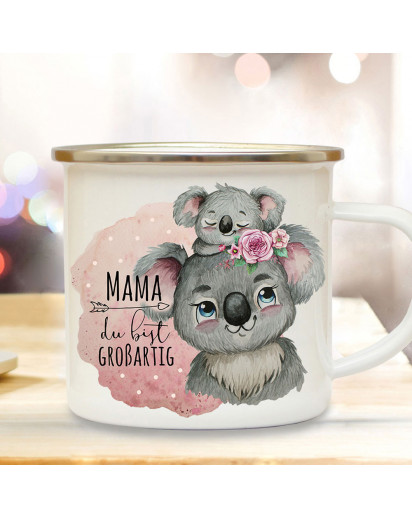 Emaille Becher Camping Tasse Koalabär Koala Mama mit Kind Spruch Mama du bist großartig Kaffeetasse Geschenk Muttertag Kaffeebecher eb511