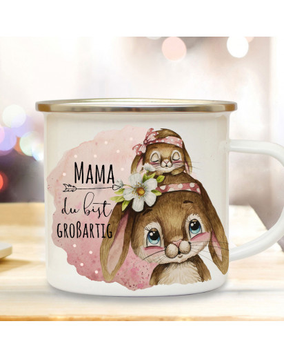 Emaille Becher Camping Tasse Hase Häschen Mama mit Kind Spruch Mama du bist großartig Kaffeetasse Geschenk Muttertag Kaffeebecher eb512