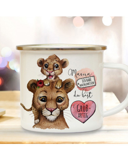 Emaille Becher Camping Tasse Löwe Löwenmama Mama mit Junges & Spruch Mama du bist großartig Kaffeetasse Geschenk Muttertag eb514