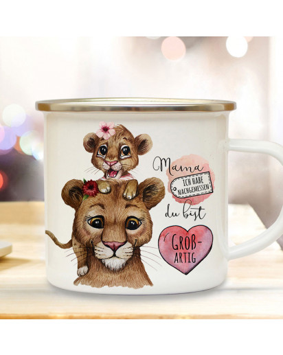 Emaille Becher Camping Tasse Löwe Löwenmama Mama mit Tochter & Spruch Mama du bist großartig Kaffeetasse Geschenk Muttertag eb515