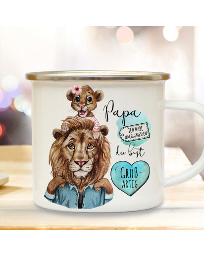 Emaille Becher Camping Tasse Löwe Löwenpapa Papa mit Tochter & Spruch Papa du bist großartig Kaffeetasse Geschenk Vatertag eb516