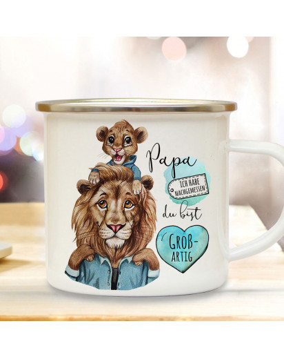 Emaille Becher Camping Tasse Löwe Löwenpapa Papa Kind Löwenjunge & Spruch Papa du bist großartig Kaffeetasse Geschenk Vatertag eb517