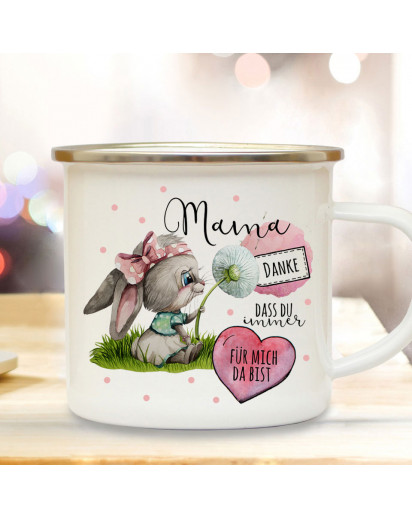 Emaille Becher Camping Tasse Hase Häschen mit Pusteblume & Spruch Mama du bist großartig Kaffeetasse Geschenk Muttertag eb518
